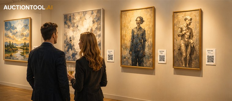 A quiet gallery: four framed artworks on a white wall, each with a small label carrying a QR code, and two visitors with a glass looking at them.