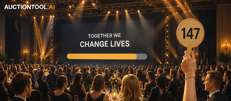 A large charity gala: a full hall of guests at candlelit tables facing a stage screen that reads "together we change lives", with one guest raising a numbered bidding paddle.