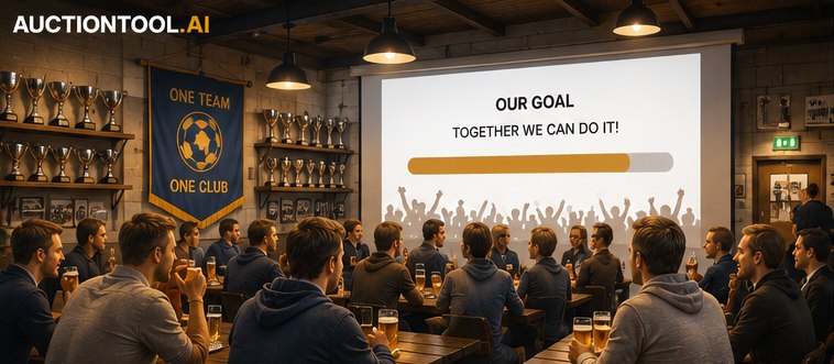 A sports club canteen: long tables, members with beers, trophies on the shelves and a club banner on the wall, all watching a goal bar fill up on the projector screen.