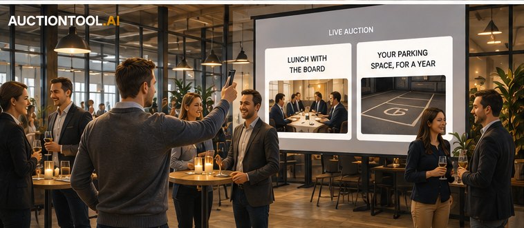 A company event in a loft: colleagues standing with drinks, one holding up a phone, in front of a screen showing lots called "lunch with the board" and "your parking space, for a year".