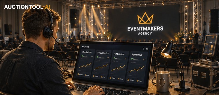 An event organiser with a headset at a laptop beside the stage, an overview of several auction evenings on screen, and another agency’s logo on the stage screen behind him.