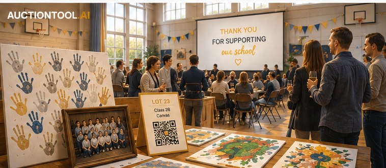A school gym in the evening: parents with drinks, a canvas covered in children’s handprints and a framed class photo on a table, each with a printed QR card beside it.