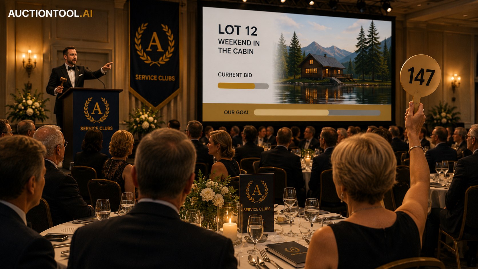 A service club dinner: the auctioneer at a lectern with a gavel, guests in evening dress at candlelit tables, one raising a numbered paddle, and the current lot on the big screen.