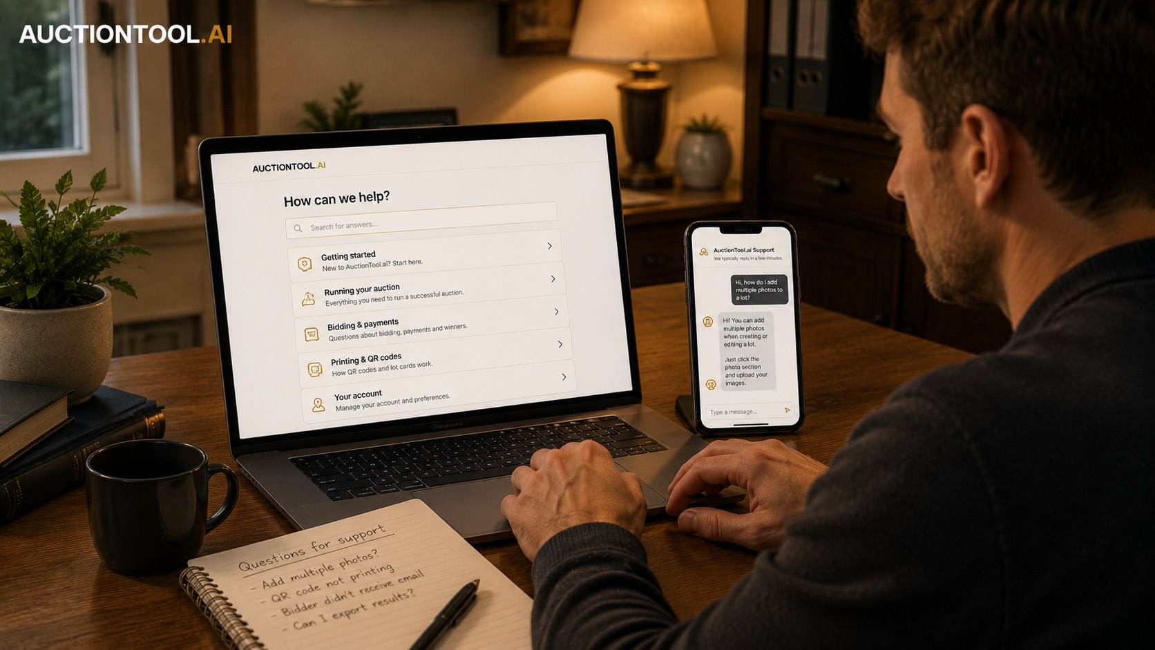 A help screen with the question categories — getting started, running your auction, bidding and payments, printing and QR codes, account, security — beside an auctioneer in front of a seated room.