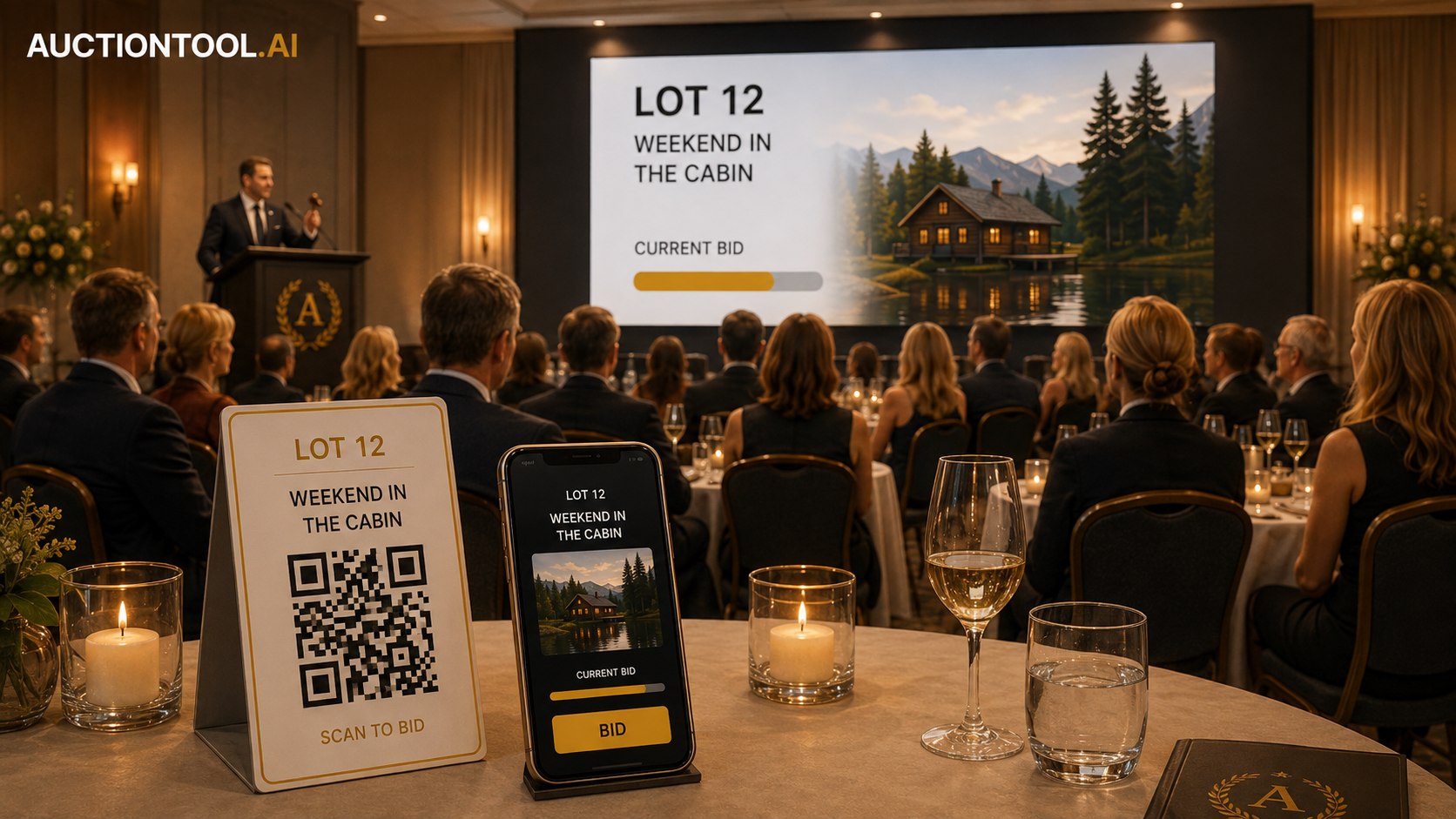 Een veilingavond in een hotelzaal: gasten aan tafels met kaarslicht kijken naar een groot scherm met het huidige kavel en het hoogste bod, met op de tafel ervoor een gedrukte QR-kaart en een telefoon met het biedscherm.