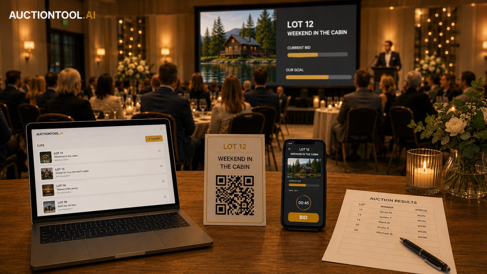 An auction evening in progress: a laptop with the list of lots, a printed card with a QR code for lot 12, a phone showing the current bid with a countdown, and a printed results sheet with the winners — with the room and the big screen behind.