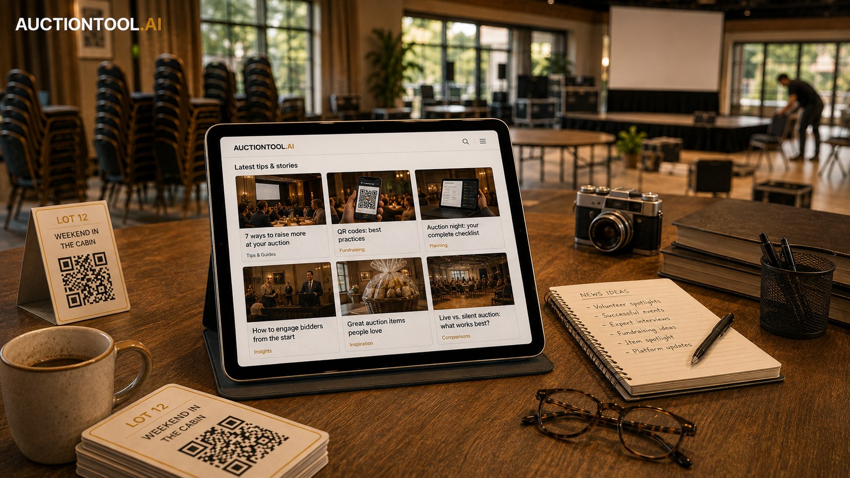 A tablet showing a grid of articles about running an auction, beside a stack of printed lot cards with QR codes and an open notebook with news ideas.