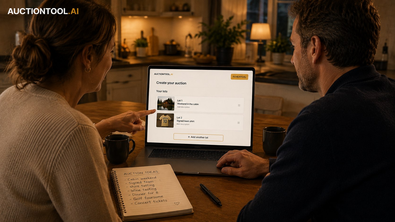 Someone at a kitchen table in the evening, adding the first two lots to an auction on a laptop, with a handwritten list of ideas beside it and a rehearsal badge on screen.